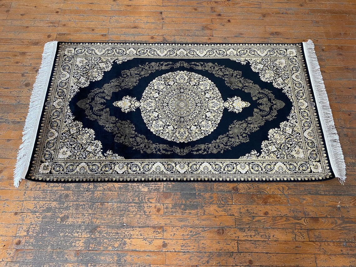 Black Medallion Turkish Silk Carpet  3x5ft